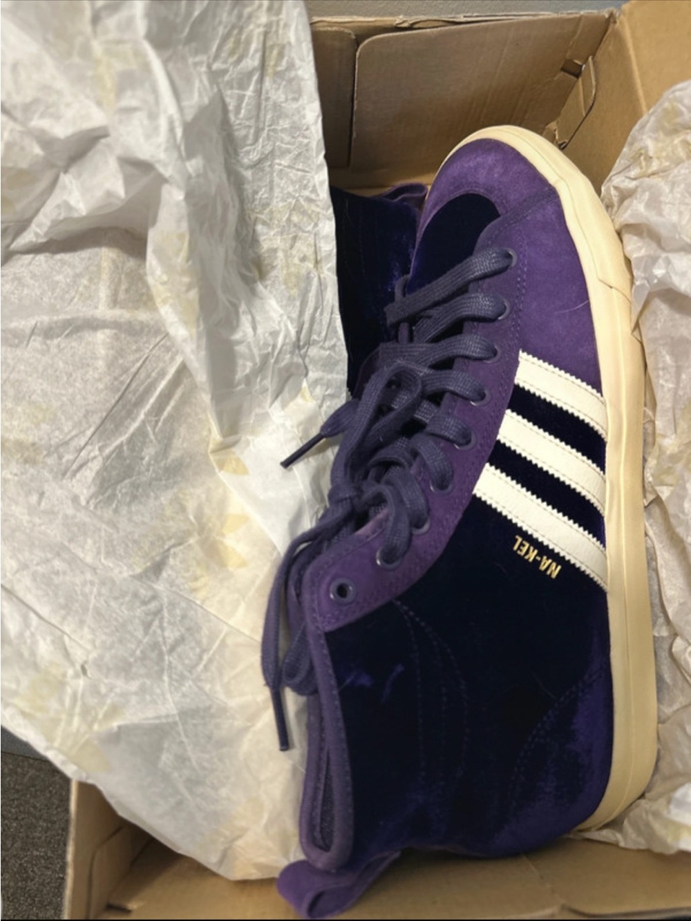 adidas Purple Velvet High-Top Sneakers with White Stripes